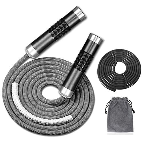 Redify Weighted Jump Rope for Workout Fitness(1LB), Tangle-Free Ball Bearing Rapid Speed Skipping Rope for MMA Boxing Weight-loss,Aluminum Handle Adjustable Length 9MM Fabric Cotton+9MM Solid PVC Rope (Grey)