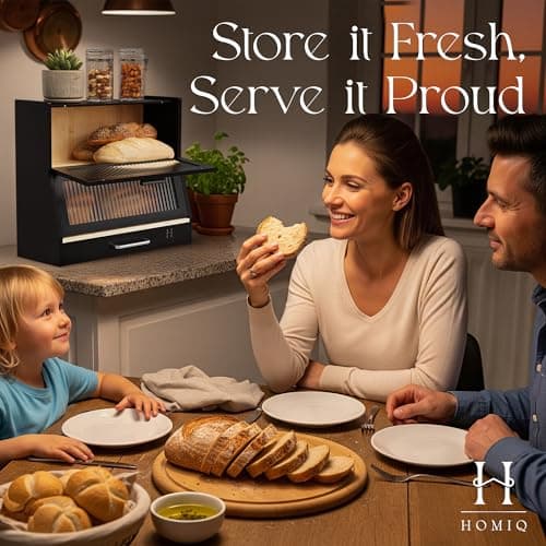 HOMIQ Bread Box for Kitchen Countertop - Bamboo Wood Breadbox with Knife Storage, Ventilation Holes - Farmhouse Loaf Organizer, Versatile 2 Layer Bread Storage Container for Snacks Mugs Spices 7