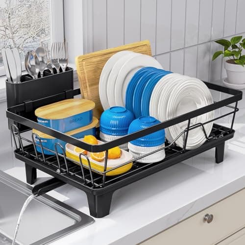Urackify Compact Dish Drainer for Kitchen Counter - Expandable Large Capacity Drying Rack with Removable Cutlery Holder, Anti-Rust Plate Rack, Non-Slip Feet, Small Sink Drainer for Apartments, Black 7