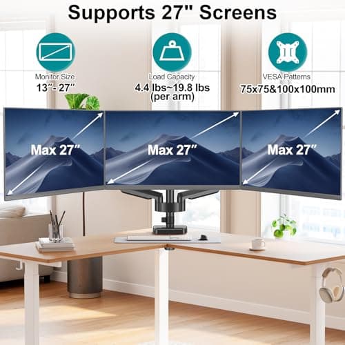 MOUNT PRO Triple Monitor Mount for 13-27 inch Screens, 3 Monitor Desk Mount, Height Adjustable Triple Display Stand, Full Motion Three Computer Arm Hold up to 17.6lbs Each, VESA 75x75, 100x100 3