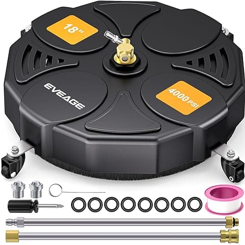 EVEAGE 18 Inch Large Size Pressure Washer Surface Cleaner Attachment with Wheels, 4000 PSI Power Washer Accessory with 1/4" Quick-Connect,2 Extension Wand for Driveways Sidewalks Patios Cleaning