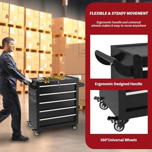 Barphygo Rolling Tool Chest 5-Drawers, Metal Tool Box with Wheels Garage Storage Cabinets with Lock Tools Drawer Organization Workbench Toolbox for Warehouse, Workshop & Repair Shop 5