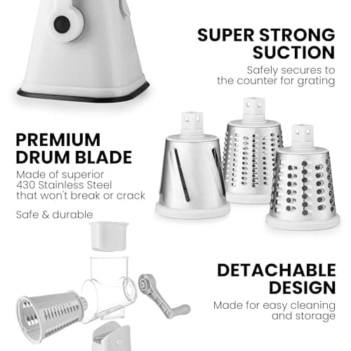 Zulay Kitchen Cheese Grater Hand Crank, Grater For Kitchen With Reinforced Suction - Rotary Cheese Grater With 3 Replaceable Stainless Steel Blades - Easy to Use & Clean - Vegetable Cutter - White 6
