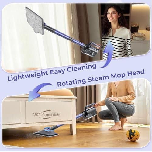 Gatlei Steam Mop Cleaner with Detachable Handheld Steamer, 6-in-1 Multi Accessories, Removable Water Tank, 23FT Power Cable, Lightweight, Steam Cleaner for sealed Hard Floors, Hardwood(Purple) 7