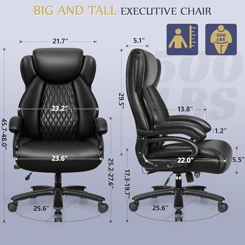 Big and Tall Office Chair 500lbs, Heavy Duty Executive Desk Chair with Adjustable Lumbar Support, Comfy Padded Cushion, Ergonomic PU Leather Home Computer Chair with Extra Wide Seat, Black 6