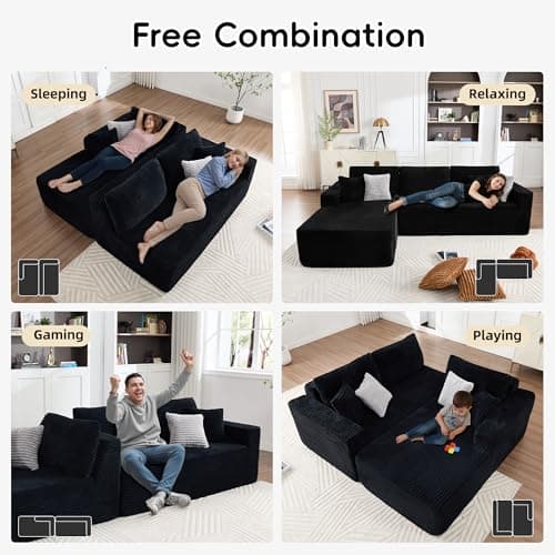 Opiesit 108" Boneless Couches for Living Room, Modular Sectional Sofa with Oversized Chaise, L-Shape Cloud Couch with Deep Seat, High-Density Memory Foam, No Assembly Required, Plush Corduroy Black 6