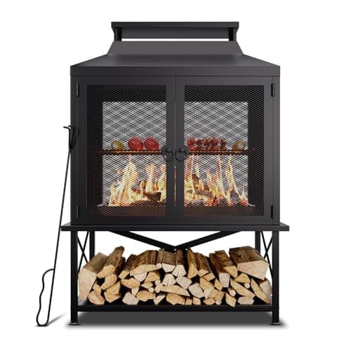 Outdoor Chiminea Fire Pit with Grill and Wood Storage, Large Wood Burning Fireplace for Outside with Chimney, Mesh Spark Screen Door & Fire Poker, Ideal for Patio, Backyard, Garden, and Camping