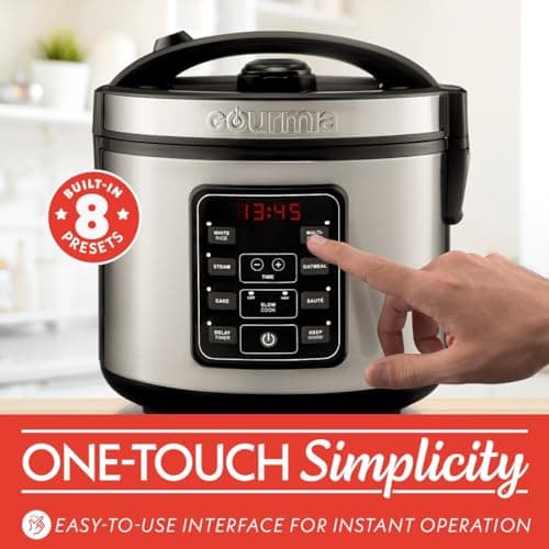 Gourmia Rice Cooker – 5 Qt Capacity, 20 Cup Cooked, 10 Cup Uncooked, Digital Controls, 6 Cooking Presets, Grain Cooker & Steamer, Nonstick Pot, Steam Tray, Delay Timer, Keep Warm, Stainless Steel 8