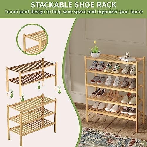 ROMGUAR CRAFT 3 Tier Bamboo Shoe Rack for Closet Free Standing Wood Shoe Shelf Storage Organizer for Entryway Small Space Stackable 27"x11"x20" (Natural) 5