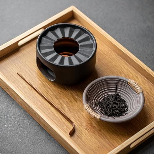 Hoffnugshween Stoneware Teapot Warmer with Safety Candle Spoon - Rustic Coarse Pottery Tea Heater Base with Vent Holes, Matte Finish Zen Decor for Glass & Ceramic Teapots, Coffee, Hot Sake (Black) 8