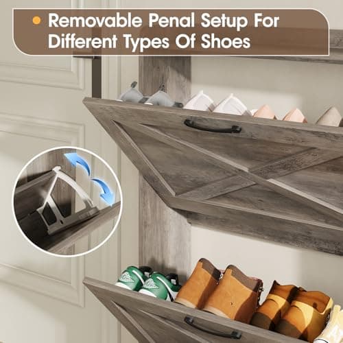 Maupvit Narrow Shoe Cabinet with 2 Flip Drawers，Shoe Storage Cabinet for Entryway, Hidden Shoe Storage Slim Storage Cabinet with Metal Legs, Farmhouse Free Standing Shoe Rack Cabinet 5