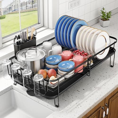 SNTD Large Dish Drying Rack - Expandable Dish Rack for Kitchen Counter, Stainless Steel Dish Drainer Rack with Utensil Holder and Cup Holder, Black