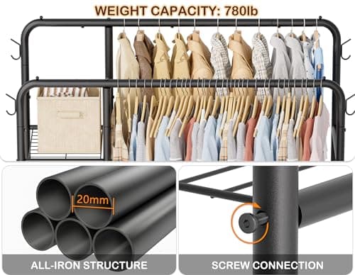 Double Rods Clothes Rack Clothing Rack with 4 Tier Storage Shelves Clothes Rack for Hanging Clothes Multifunctional Heavy Duty Clothes Organizer with Hooks for Bedroom,Wardrobe Closet,Shop,Black 5