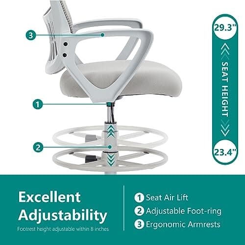 MCQ Drafting Chair with Fixed Armrests and Foot-Ring, Tall Office Chair for Standing Desk Adjustable Height Office Desk Chair for Home Office, Breathable Mesh Swivel Rolling Tall Chair Grey 5