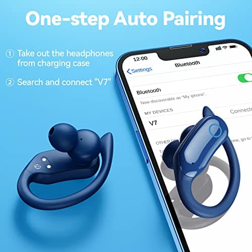 GNMN Ear Buds Wireless Earbuds 96hrs Playback Bluetooth Headphones IPX7 Waterproof Stereo Bass Over-Ear Earphones with Earhooks Microphone LED Battery Display for Sports/Workout/Gym/Running Black 6