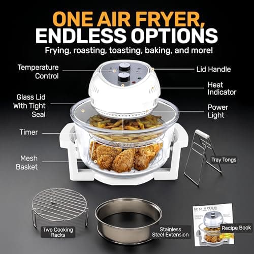 Granitestone 16Qt Large Glass Air Fryer Non Toxic – Family Sized Airfyrer Cooker with 3 Cooking Sections, Stainless Steel Racks, for French Fries, Chicken, No Preheat, Self Cleaning, Dishwasher Safe 8