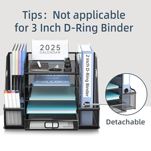 SUPEASY Mesh Desk Organizer with File Holder, 5-Tier Paper Letter Tray Organizer with Magazine Holder, Desktop Organizer and Storage with Drawer for Office Supplies Home or School (Black) 7