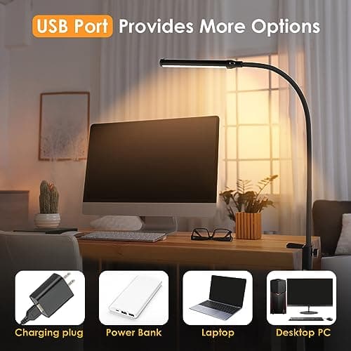 ShineTech LED Desk lamp with Clamp, Eye-Caring Clip Lights for Home Office, 3 Colors Full Brightness, Flexible USB Adapter Table Lamp, Black 6
