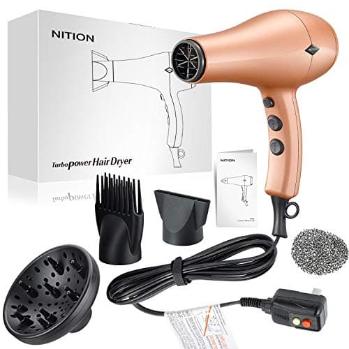 NITION Negative Ions Ceramic Hair Dryer with Diffuser(Large Size 5.3 inch) Attachment Ionic Blow Dryer Quick Drying,1875 Watt 2 Speed / 3 Heat Settings,Cool Shot Button,Lightweight,Gold 8