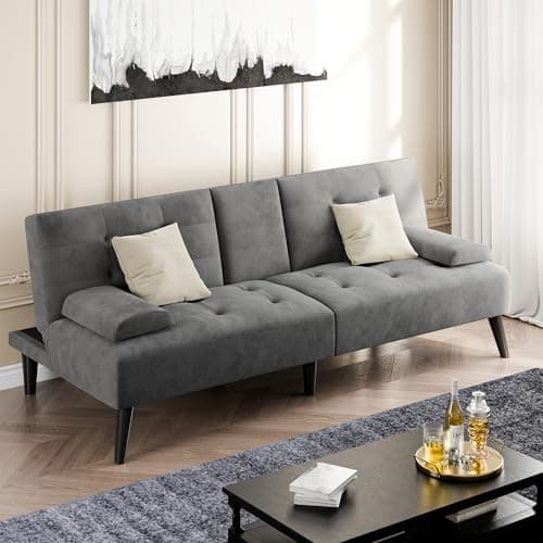Shintenchi Futon Sofa Bed, Velvet Foldable Couch Reclining Sleeper w/Removable Armrests, Upholstered Loveseat w/Folding Cup Holders for Home, Office, Dark Gray