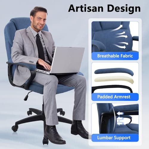 CLATINA Blue Cloth Office Chair Fabric Covered Desk Chair, Adjustable Height Swivel Chairs Ergonomic Executive Chair with Arms and Wheels Comfortable Upholstered 350 LBS 6