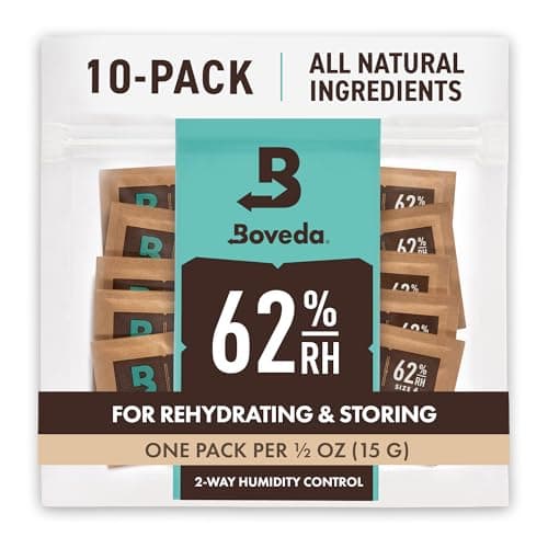 Boveda 62% Two-Way Humidity Control Packs For Storing ½ oz – Size 4 – 10 Pack – Moisture Absorbers for Small Storage Containers – Humidifier Packs – Hydration Packets in Resealable Bag