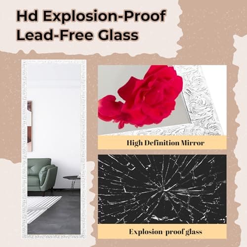 LFT HUIMEI2Y Door Mirror Full Length, Wall-Mounted Mirror Rectangle Tall with Engraving Frame, Over The Door Hanging Mirror for Bedroom, Living Room, Dressing Room, White 50" x14" 5