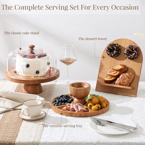 Emojoy Bamboo Cake Stand with Lid, 11in Round Cake Stand with Dome, Versatile Dessert Table Display Set, Cake Display Stand with Acrylic Dome, Charcuterie Boards for Birthday, Party 5