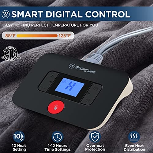 Westinghouse Electric Blanket Twin Size, Super Cozy Soft Flannel 62"" x 84"" Heated Blanket with 10 Fast Heating Levels & 1-12 Auto-Off, Machine Washable, ETL&FCC Certification, Charcoal 5