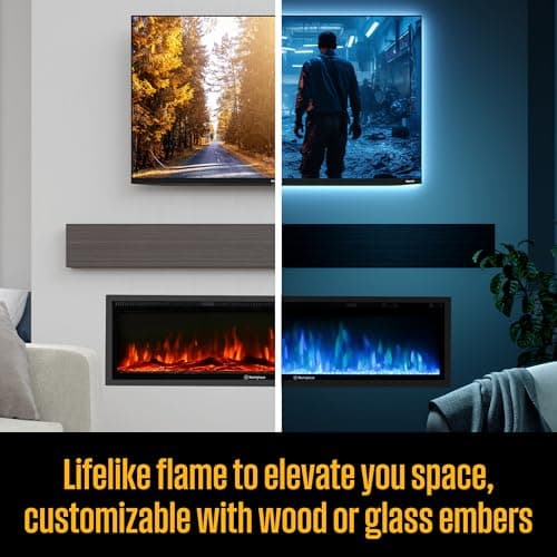 Westinghouse 60 Inch Electric Fireplace Heater, Compatible with Alexa & Google Home, Wall Mount or in-Wall Recessed Fireplace Insert, 24 Hour Timer, Color Changing Flames, 750W/1500W Indoor Heater 6