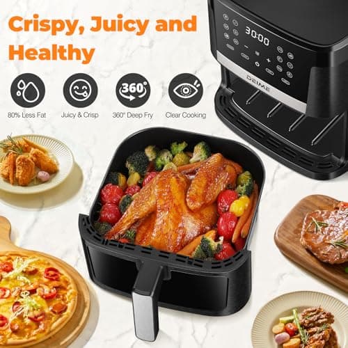 DEIME Air Fryer 7.5 QT 1700W Oilless Oven Healthy Cooker Air Fryers Large Capacity with 12 Presets, Visible Cooking Window, LCD Touch Screen, Customerizable Cooking, Non-Stick Basket Recipe (Black) 7