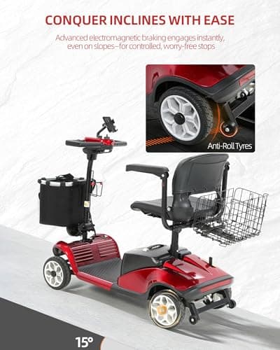 MobiCyc MS08 4-Wheel Mobility Scooter for Adults & Seniors, 18 Miles Removable Lithium Battery, 330 lbs Capacity, 350W Motor, Front/Rear Baskets, Phone Holder & Cup Holder, Compact(Red) 8