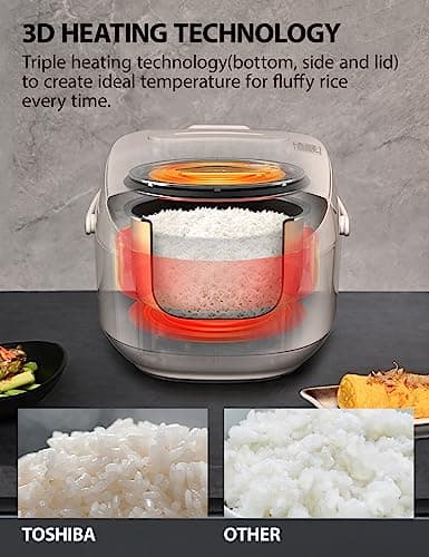 Toshiba Rice Cooker 6 Cup Uncooked – Japanese Rice Cooker with Fuzzy Logic Technology, 7 Cooking Functions, Digital Display, 2 Delay Timers and Auto Keep Warm, Non-Stick Inner Pot, White 3