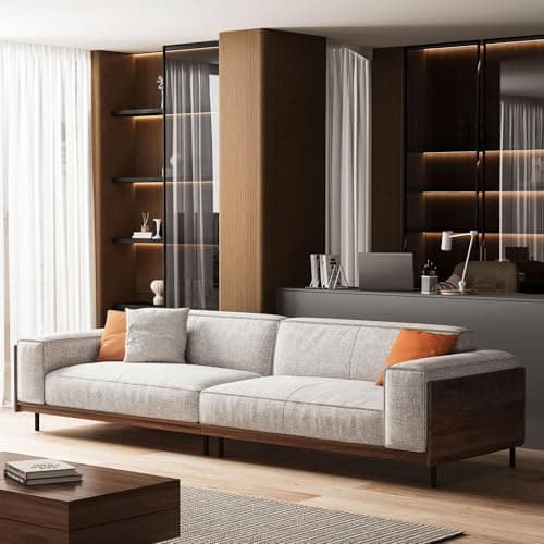 gaoyangjiaju 111.81 in. Four-seat Removable Washable Cotton-Linen Fabric mid-Century Modern Sofa, Square arms, with Throw Pillows.