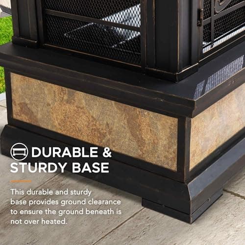 Sunjoy Outdoor Fireplace, Smith Collection Patio Wood Burning Steel Fireplace with Chimney, Spark Screen, Fire Poker, and Removable Grate, Copper with Yellow Tile 4