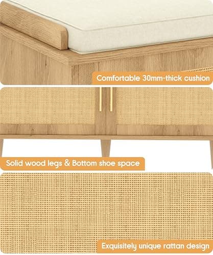 Akxomel Rattan Shoe Storage Bench with Cushion, 2-Tier Entryway Bench with Adjustable Shelves and 2 Doors, 15" D x 39.4" W x 20" H, Solid Wood Legs, for Hallway, Living Room, Bedroom, Natural Oak 7
