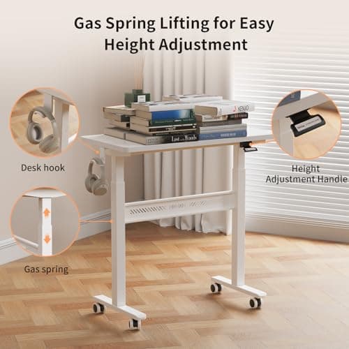 HitGo Mobile Standing Desk with Wheels, 32 inch Pneumatic Height Adjustable Desk for Walking Pad, Small Rolling Computer Workstation, Portable Sit Stand Desk for Home Office, 28-43" Tall, White 7