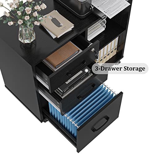 Panana 3 Drawer Office File Cabinets, Mobile Lateral Printer Stand with Open Storage Shelf, Rolling Filing Cabinet with Wheels Home Office Organization and Storage (Black) 5