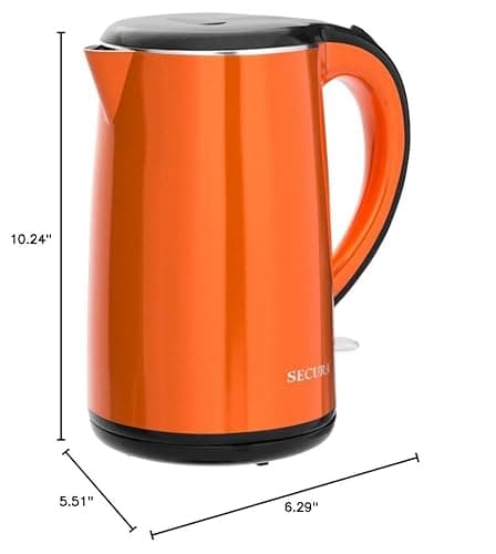 Secura Original Stainless Steel Double Wall Electric Water Kettle 1.8 Quart with Auto Shut-Off & Boil-Dry Protection, Orange SWK-1701DO/HB-3227B 8