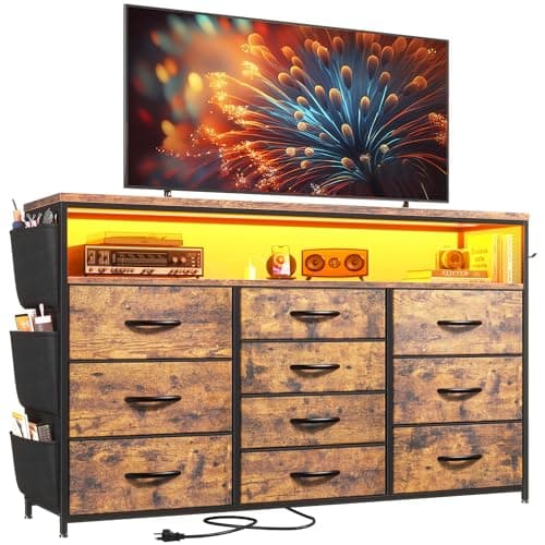 EnHomee Dresser for Bedroom with 10 Drawers for 55" TV Stands with LED Lights & Power Outlets Dressers with Shelves & Side Pockets,Hallway,Rustic Brown