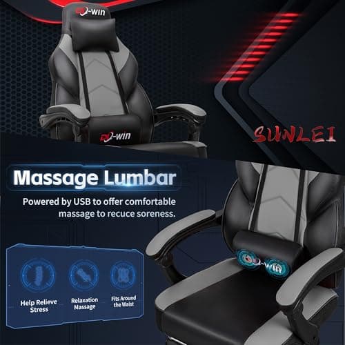 DL-win Gaming Chairs for Adults, Computer Chair with Footrest and High Back, Big and Tall Gamer Chair's with Massage Lumbar Support, 360° Swivel Height Adjustable Gaming Chair, Grey 7