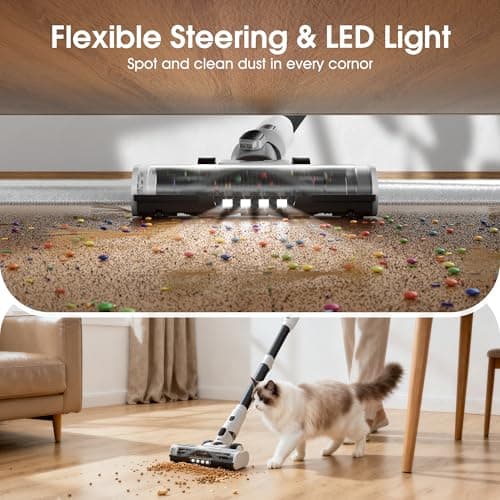 Cordless Vacuum Cleaner, 600W 50KPA 70Mins Runtime Fast Charging Vacuum Cleaner, Self-Standing LED Light Touch Screen Stick Vacuum for Home Light Weight,for Pet Hair/Carpet/Floor, White 5