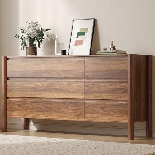 CHUWELL Walnut Dresser for Bedroom, 63" Wide Mid Century Modern Chest of Drawers with 9 Large Storage Space and 4 Solid Wood Cylindrical Legs, 9 Drawer Large Dresser for Bedroom(Walnut)