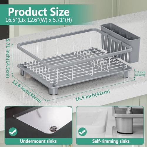 Hiviweer Dish Drying Rack - Space-Saving Dish Rack,Dish Racks for Kitchen Counter with Drainboard, Rustproof Dish Drainer with a Removable 4-Compartment Utensil Holder,Gray 5