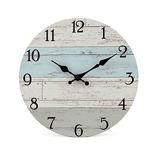 jomparis Silent Non-Ticking Wooden Decorative Round Wall Clock Quality Quartz Battery Operated Vintage Rustic Country Tuscan Style Home Decor Wall Clock(10 Inch, Coastal Worn Blue)
