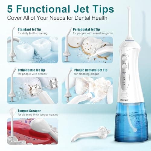 Nicefeel Water Dental Flosser Teeth Pick - Fast Charge Cordless Teeth Cleaner, 3 Modes Portable Oral Irrigator, IPX7 Waterproof Electric Water Dental Flosser for Tonsil Stone, 300ML Tank 7
