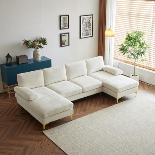 Karl home Convertible Sectional Sofa 110" U-Shape Sofa Couch 4-Seat Couch with Chaise ChenilleFabric Upholstered for Living Room, Apartment, Office, Creamy White