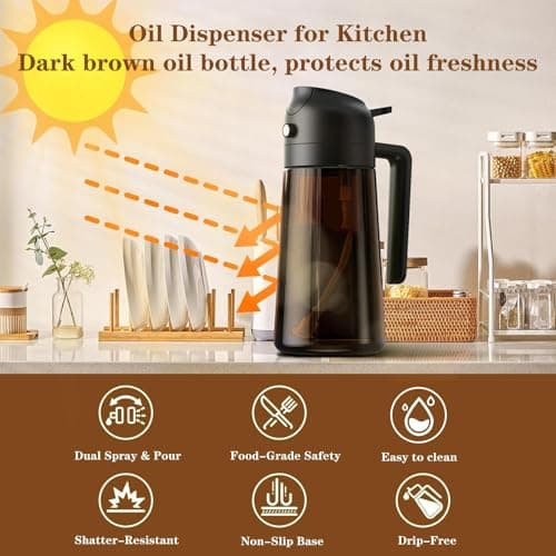 LAKUMIQI 2 in 1 Oil Sprayer for Cooking, 16oz Olive Oil Dispenser Bottle for Kitchen, Food Grade Light-Blocking Leak Proof Glass Spray Bottle for Salad, Air Fryer, BBQ 6