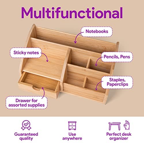 MissionMax Medium Bamboo Caddy Desk Organizer and Storage with Drawer and Compartments for all your Office and Home needs 7