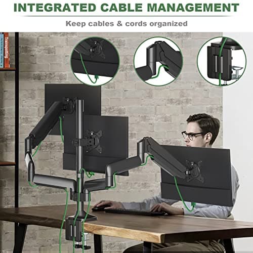 UPGRAVITY Triple Monitor Stand for Three Computer Screens up to 32”, Heavy Duty C-Clamp Base, Fully Adjustable Gas Spring 3 Monitor Desk Mount Arms Hold up to 30.9 lbs Each 7